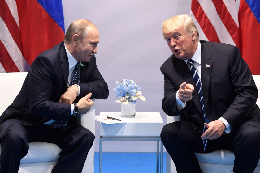 President Trump and Russia's President Vladimir Putin hold a meeting on the sidelines of the G20 Summit in Hamburg, Germany, on July 7, 2017.