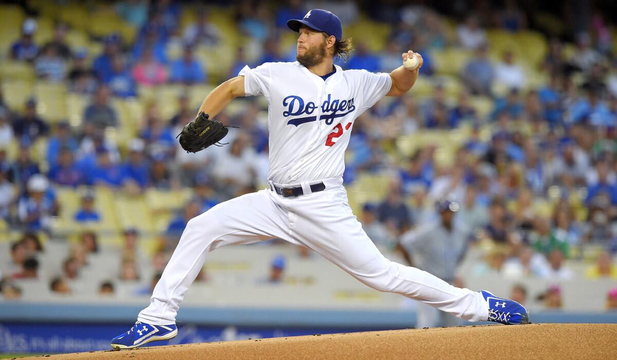 Los Angeles Dodgers starting pitcher Clayton Kershaw pitches during the first inning against the Chicago Cubs on Friday.