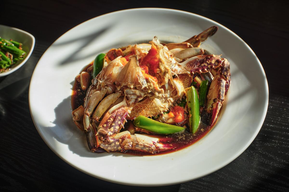 The signature marinated raw crab dish at Soban