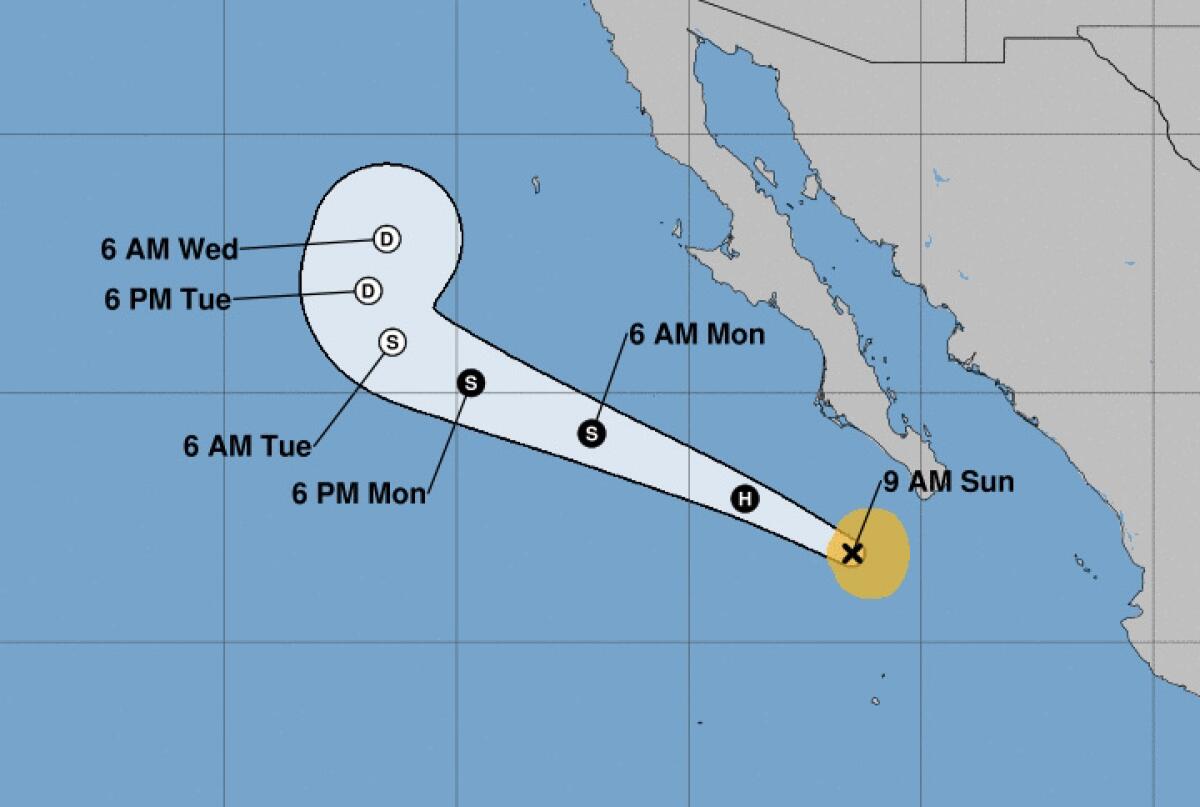 Tropical Storm Eugene was located about 800 miles south of San Diego at 11 a.m. on Sunday.