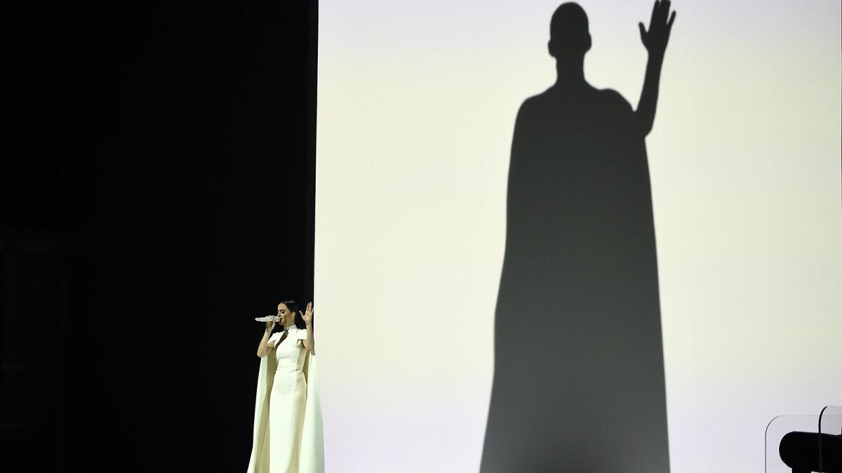 Katy Perry performs at the Grammy Awards in Los Angeles on Feb. 8.