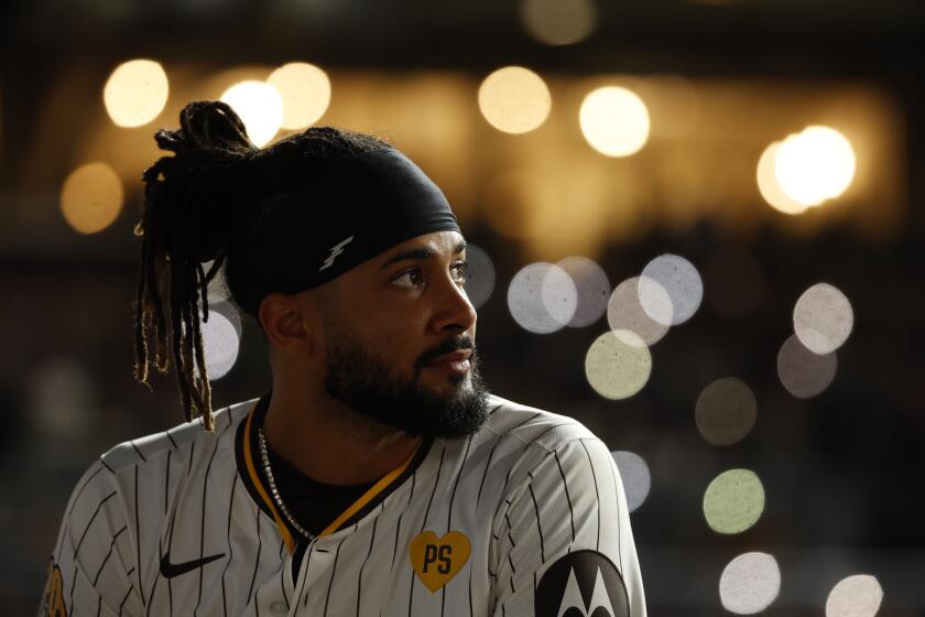 San Diego, CA - June 10: San Diego Padres' Fernando Tatis Jr. looks on after a bank of lights went out in the seventh inning and play was halted against the Oakland A's at Petco Park on Monday, June 10, 2024. (K.C. Alfred / The San Diego Union-Tribune)