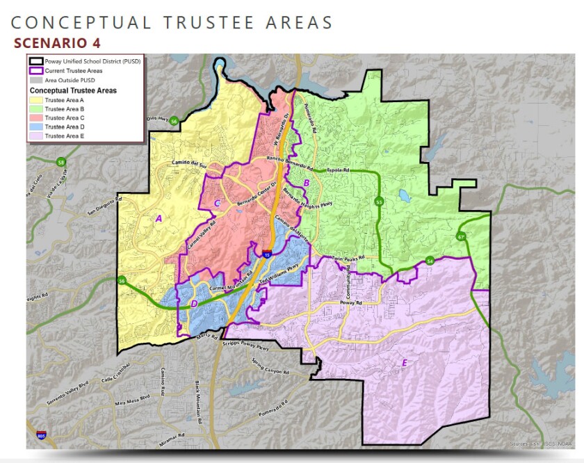 Five options for a new map of Poway Unified trustee district boundaries.