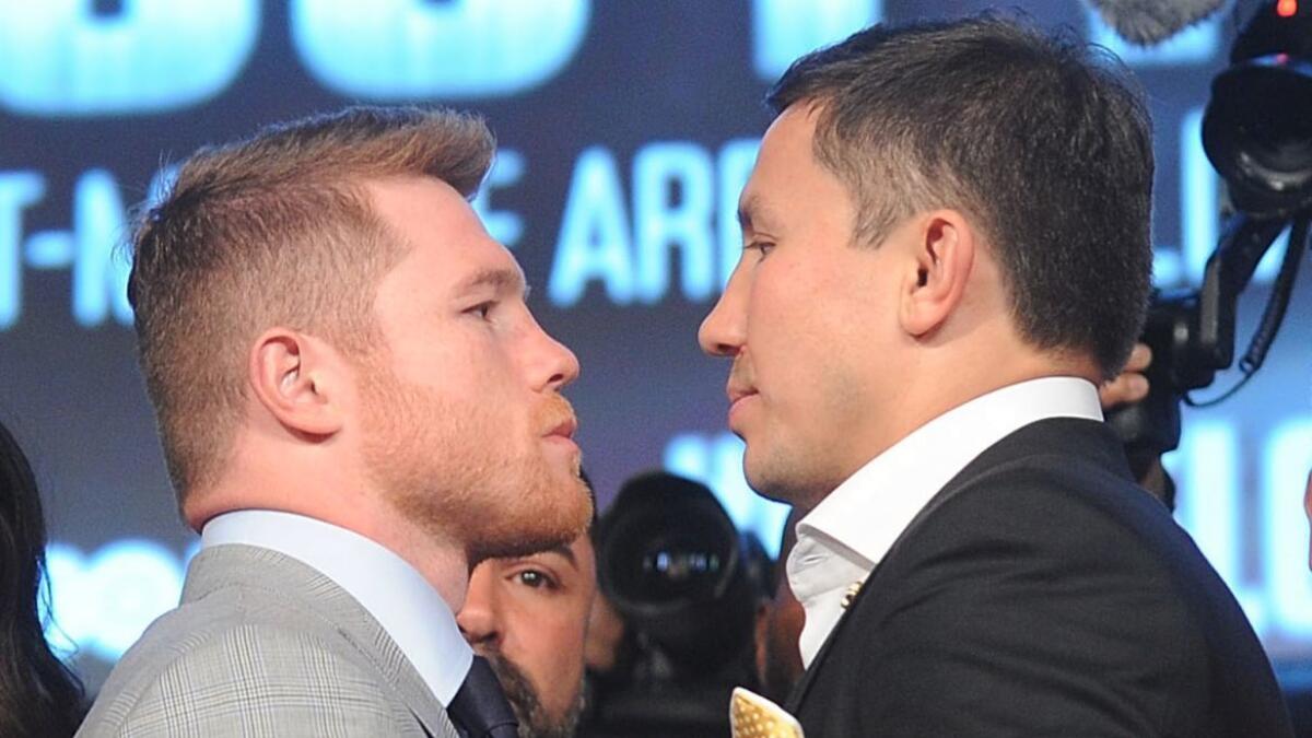 Canelo Alvarez, left, and Gennady Golovkin attend a news conference at Madison Square Garden on June 20.