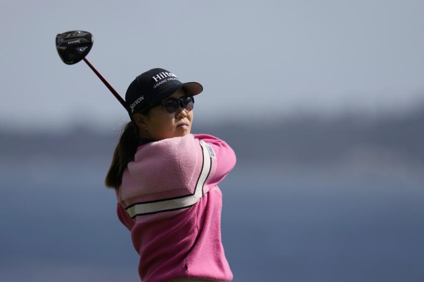 Nasa Hataoka, of Japan, hits from the 14th tee during the third round of the U.S. Women's Open golf tournament at the Pebble Beach Golf Links, Saturday, July 8, 2023, in Pebble Beach, Calif. (AP Photo/Godofredo A. Vásquez)