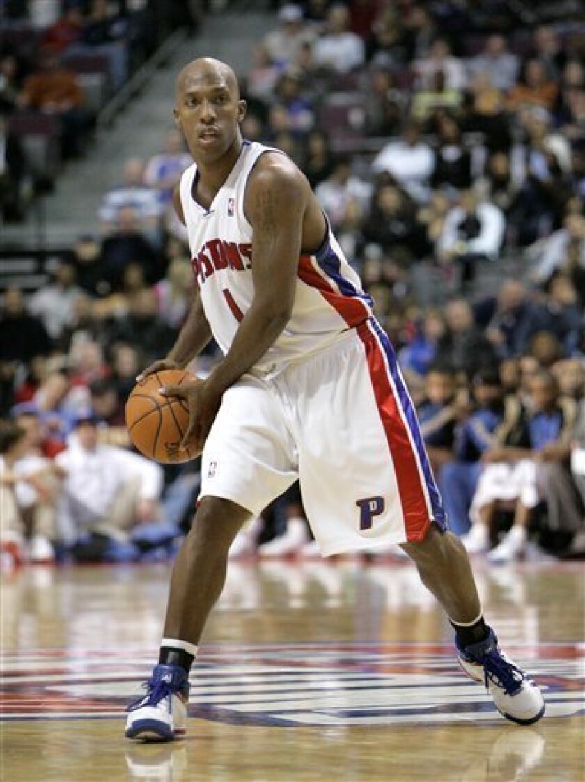 Detroit Pistons guard Chauncey Billups (1) is seen during the third quarter of an NBA basketball game at the Palace in Auburn Hills, Mich., Saturday, Nov. 1, 2008. A basketball official on Monday, Nov. 3 says the Pistons have traded Billups, and Antonio McDyess to Denver for Allen Iverson. (AP Photo/Carlos Osorio)
