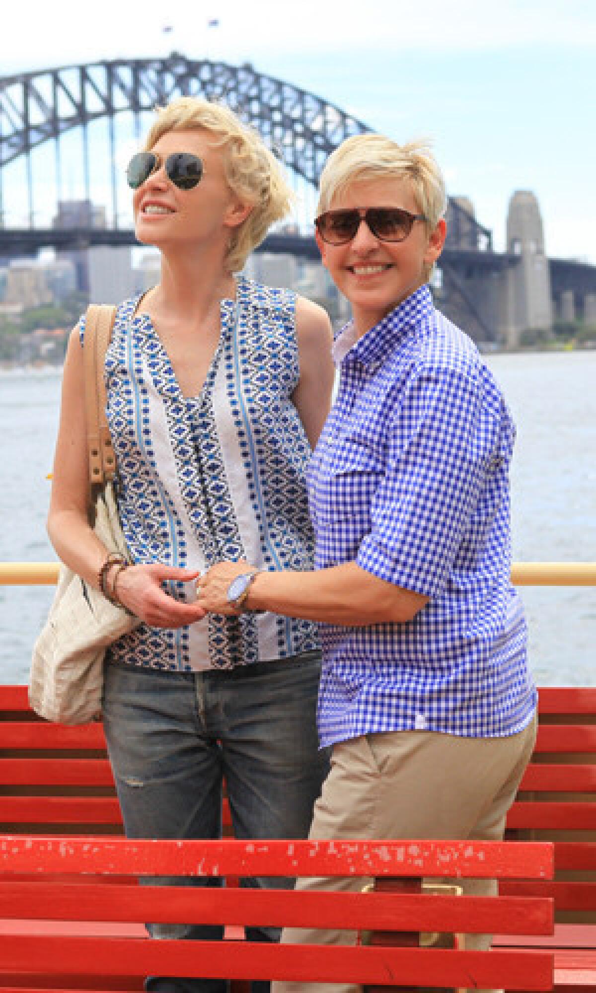 Ellen DeGeneres and Portia de Rossi on the Ferry in Sydney Harbour.