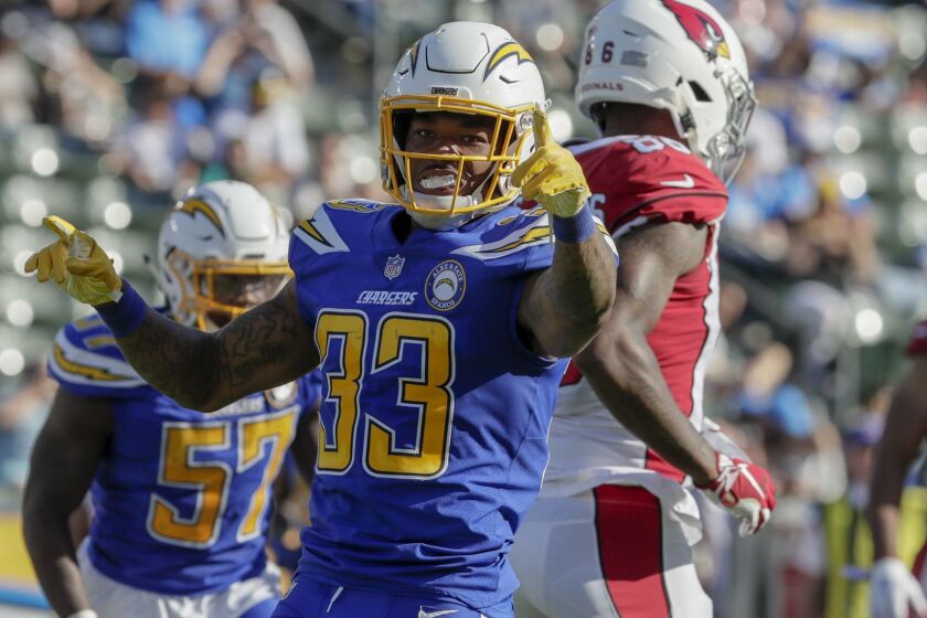 CARSON, CA, SUNDAY, NOVEMBER 25, 2018 - Chargers safety Derwin James celebrates after making a tackle against the Arizona Cardinals at StubHub Center.(Robert Gauthier/Los Angeles Times)