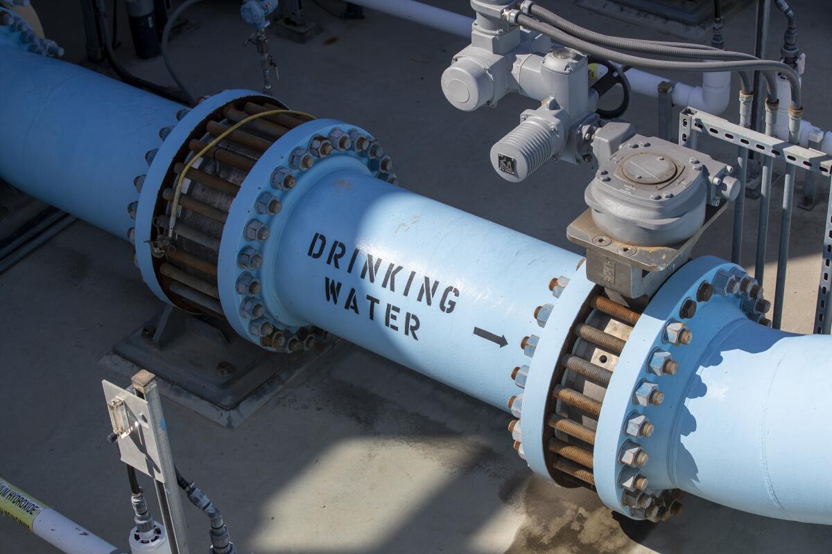 A pipe carrying treated water is seen at the Carlsbad Desalination Plant in San Diego County.