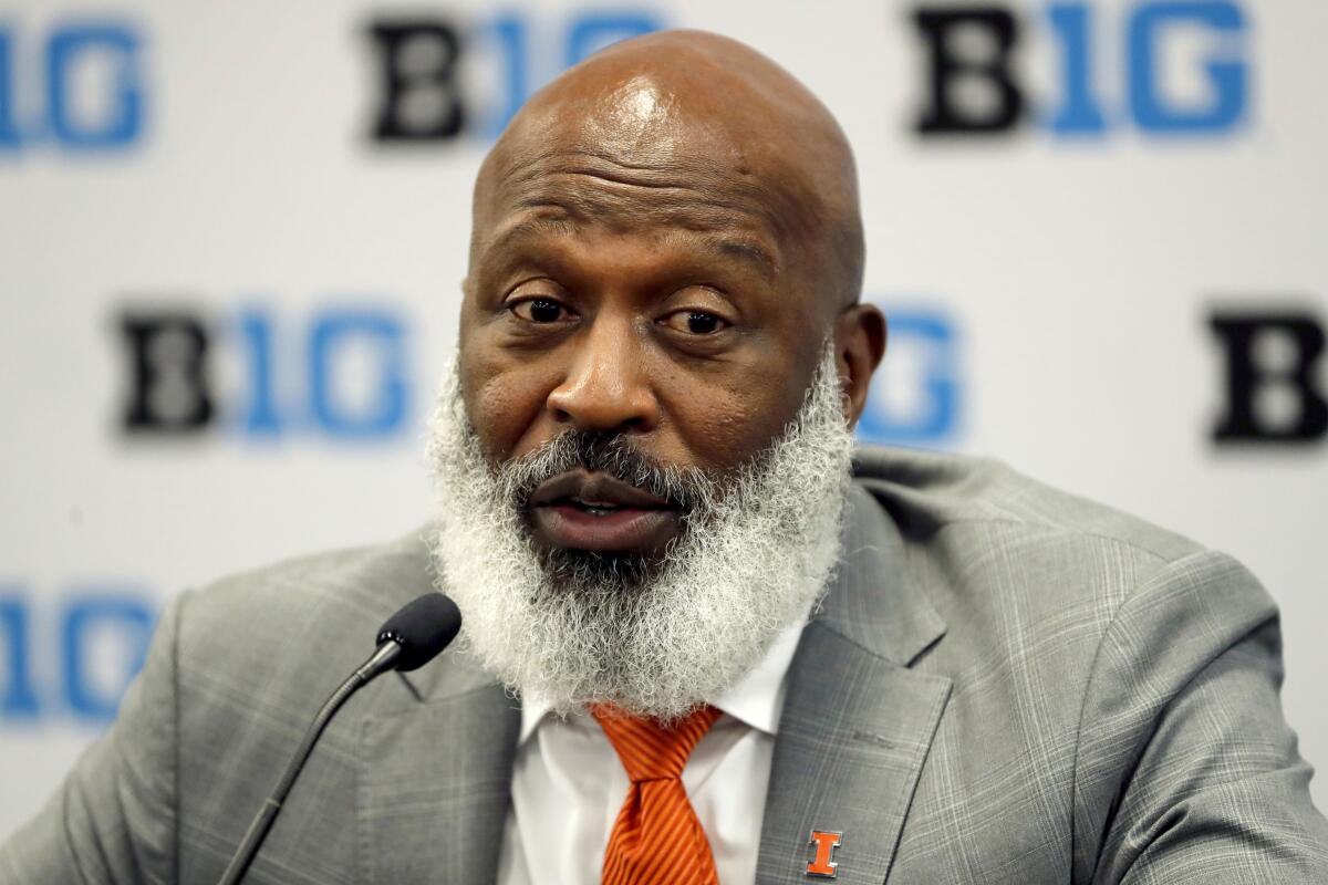 Illinois coach Lovie Smith speaks to reporters during Big Ten Conference media days in July.