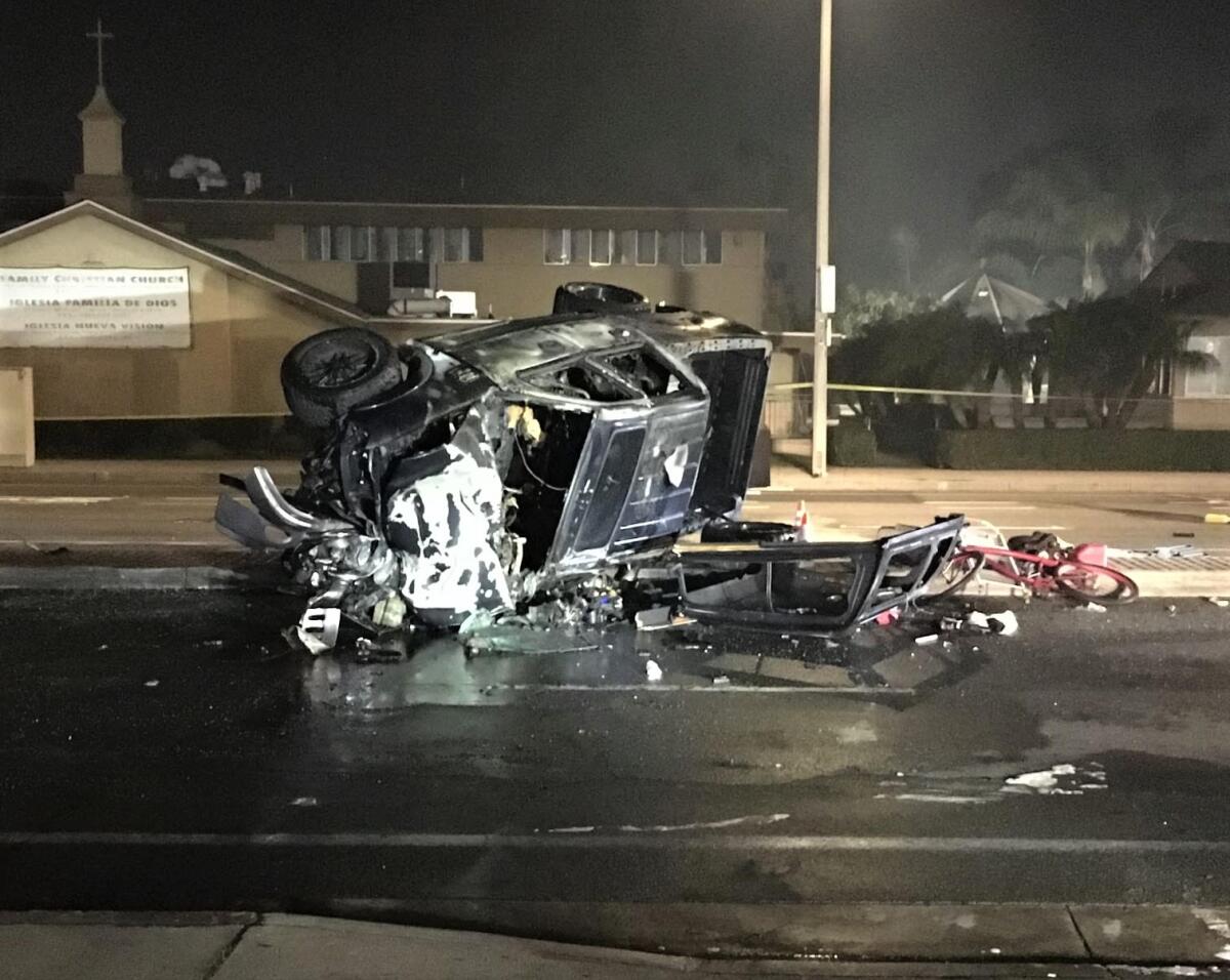 Costa Mesa police and fire crews responded to a possible DUI rollover crash Tuesday night that took the life of a pedestrian.