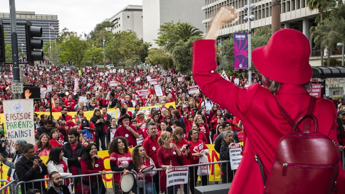 Money is one issue but not all that could lead to a strike by L.A. teachers, shown here during a rally downtown this year.