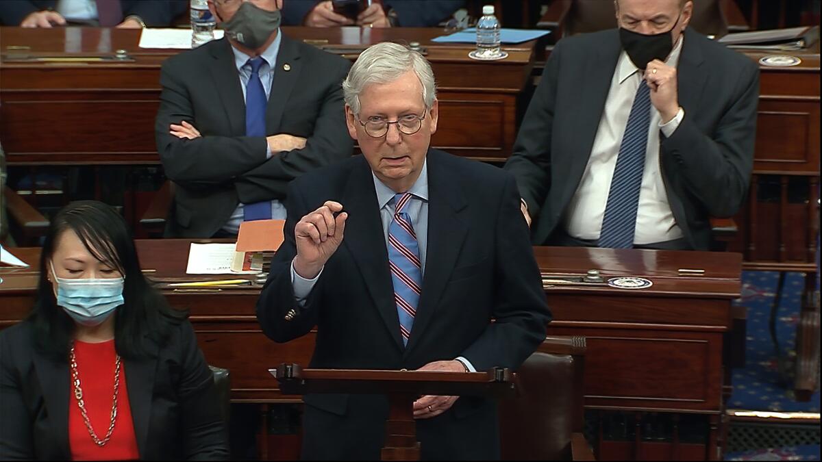 Senate Minority Leader Mitch McConnell speaks before the final Senate vote on the COVID-19 relief bill Saturday. 