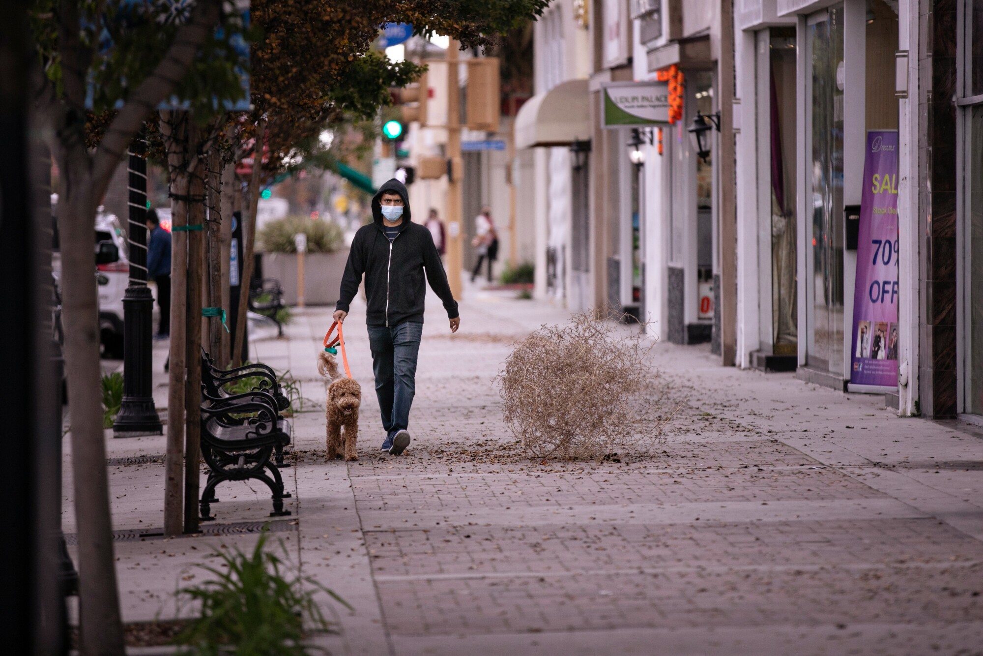 A man walks his dog by a tumbleweed sitting on the sidewalk of a shopping district