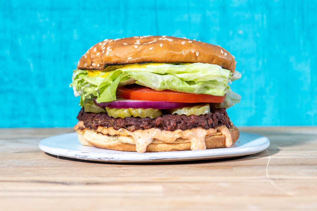An Impossible Foods burger, one of many recipes you can make with faux meats in their boom era.