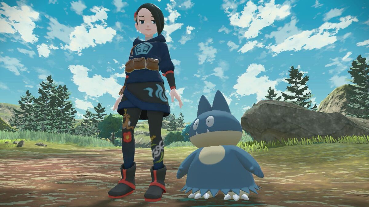 A person and a short blue creature in a nature scene in "Pokémon Legends: Arceus”