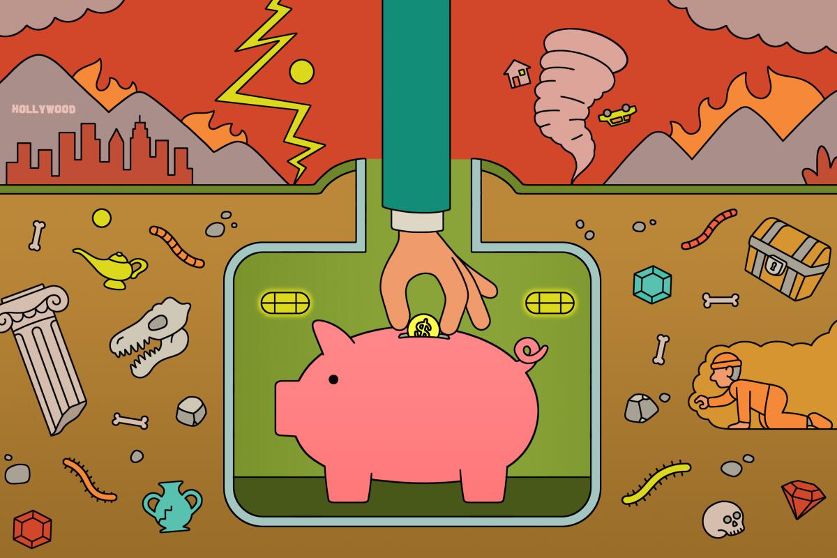 Illustration of a hand putting a coin in a piggy bank that's inside a bunker; above are lightning and a tornado.