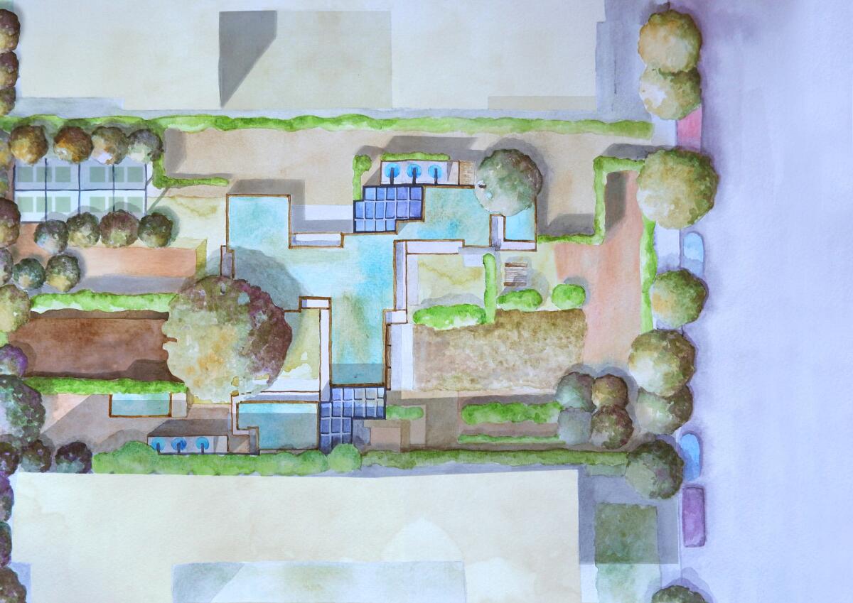An overhead view shows Schindler's house with a new landscaping plan designed for privacy and to recycle grey water