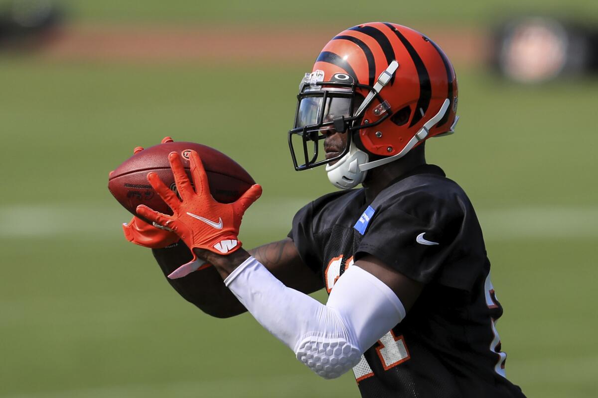 Cincinnati Bengals cornerback Mackensie Alexander makes a catch during practice Aug. 17