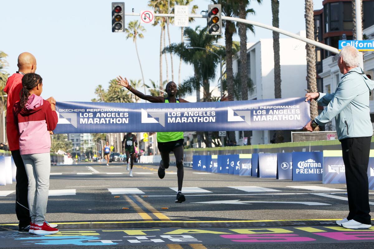 Elisha Barno wins the L.A. Marathon men's competition Sunday.