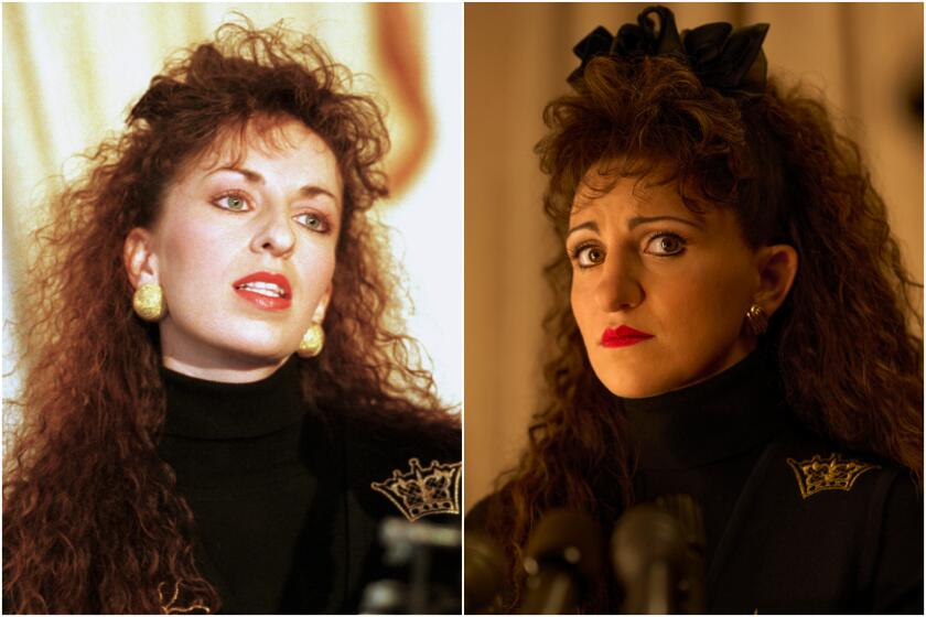 Paula Jones in 1994 and Annaleigh Ashford as Paula Jones in "Impeachment: American Crime Story".