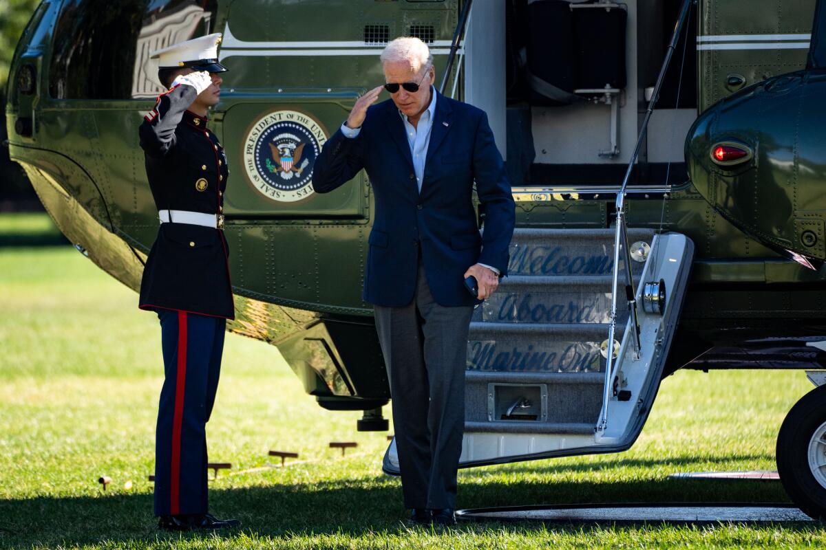 President Biden disembarks from Marine One on White House's South Lawn