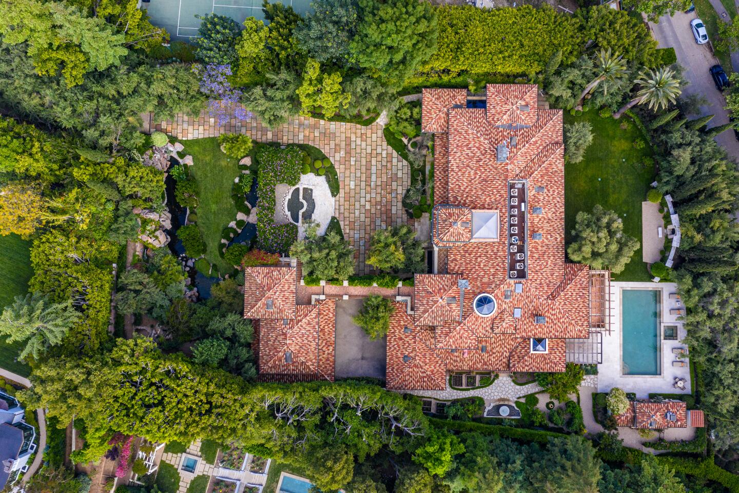 An aerial view of the Mediterranean-inspired home.
