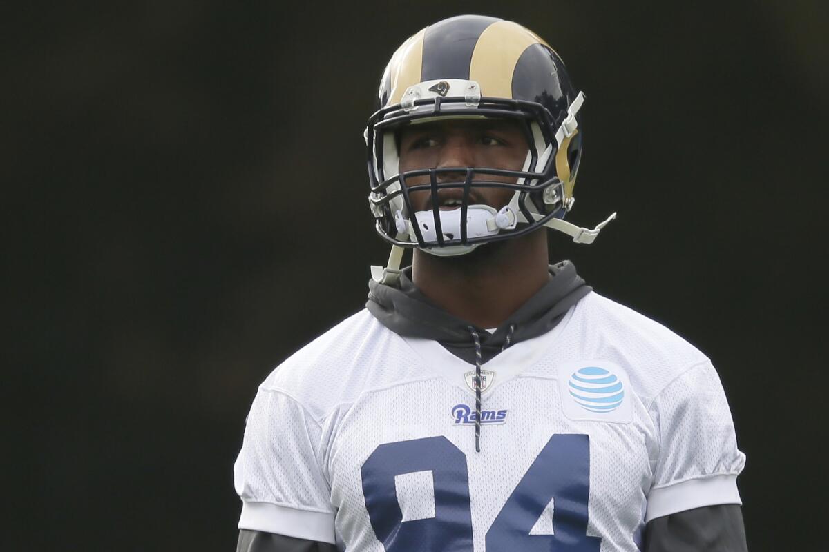 Rams defensive end Robert Quinn takes part in a practice session at Pennyhill Park Hotel in Bagshot, England on Oct. 21.