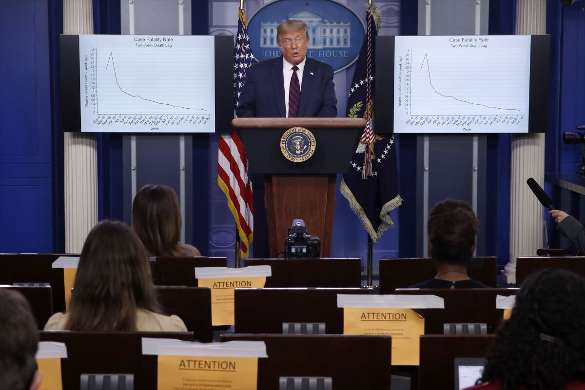 President Donald Trump speaks during a briefing with reporters in the James Brady Press Briefing Room of the White House, Tuesday, Aug. 4, 2020, in Washington.(AP Photo/Alex Brandon)