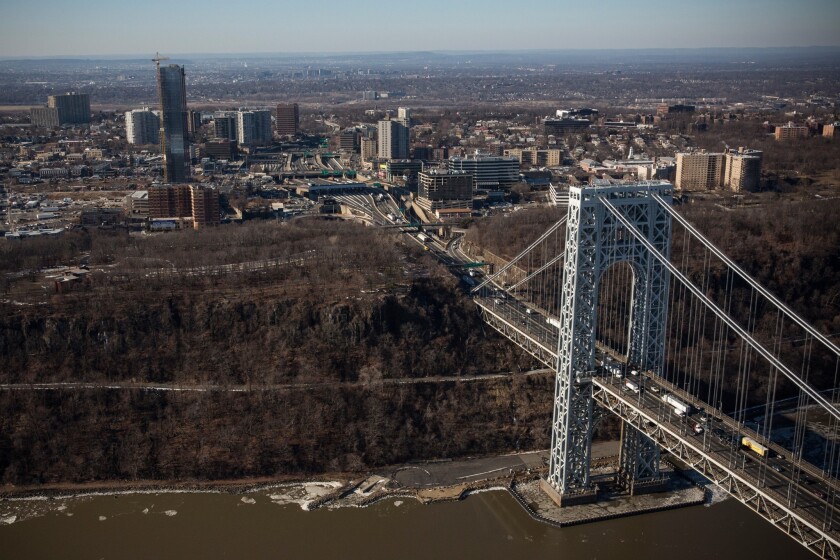 The George Washington Bridge, with Fort Lee, N.J., in the background. 