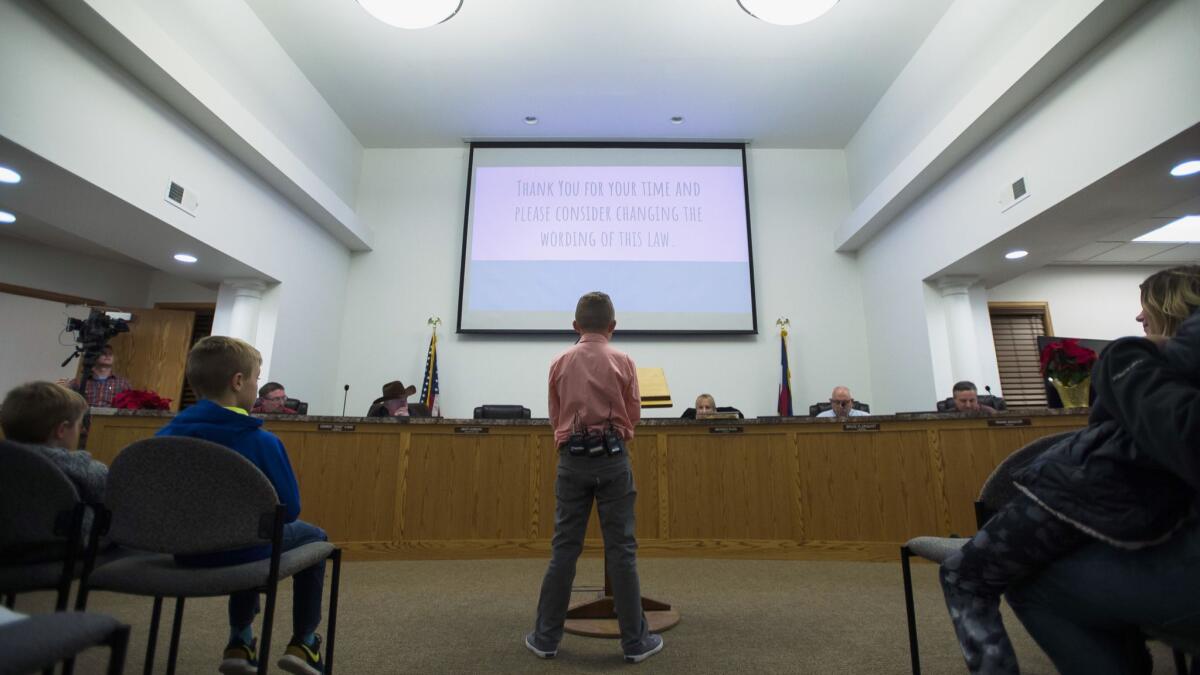 Dane Best urges the Town Board in Severance, Colo., to lift its snowball ban.
