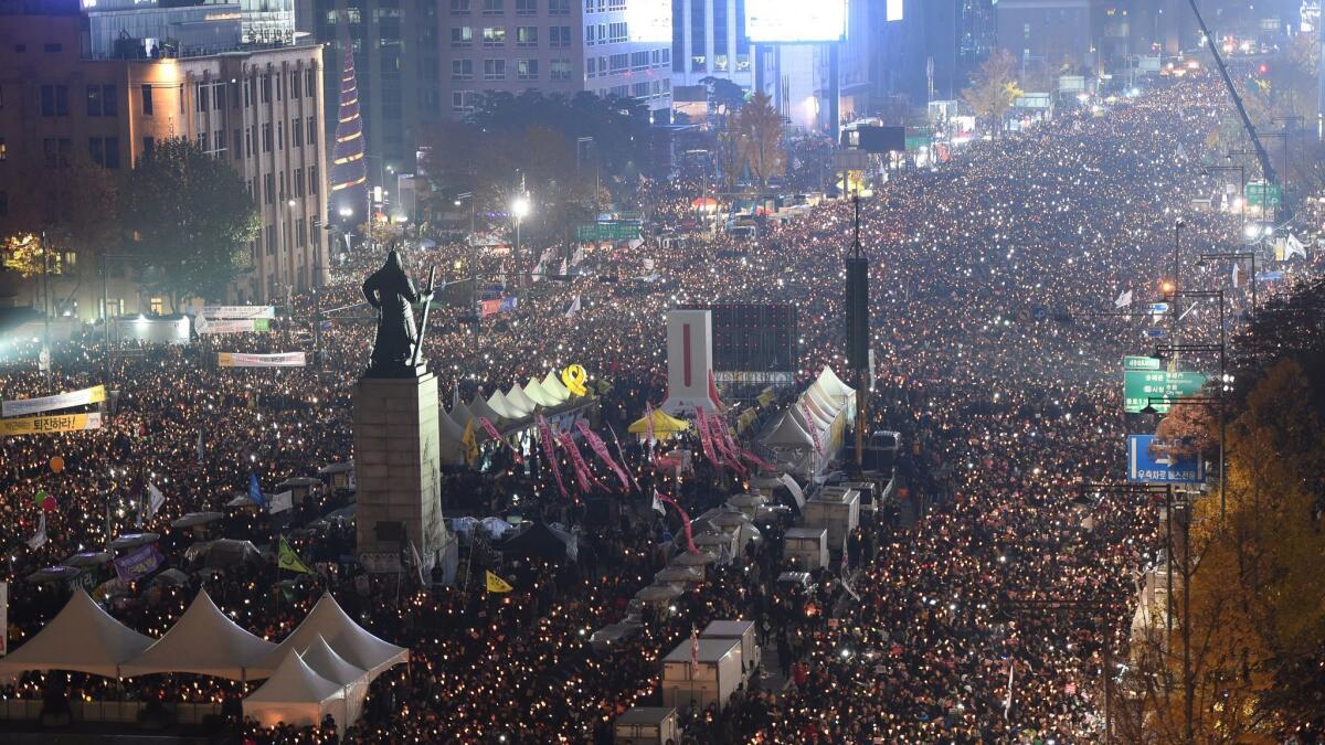 Tens of thousands of South Korean protesters in Seoul staged a rally on Nov. 19, 2016, calling for President Park Geun-hye to step down. The large rally was one of many that rocked the capital over the months leading up to President Park's impeachment by parliament.