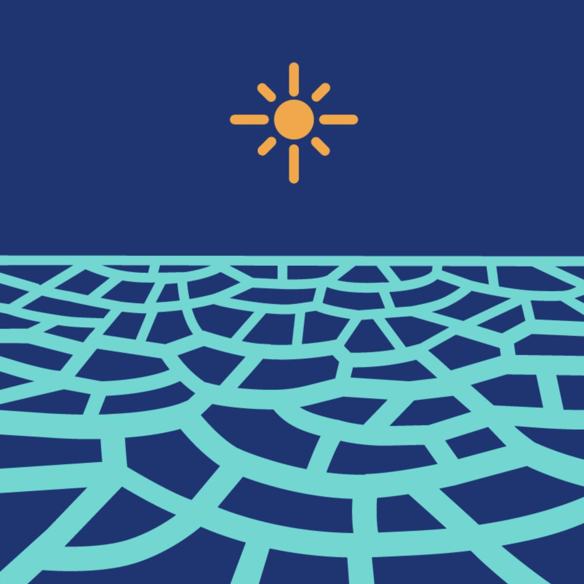 A pictogram of cracked dry land with the sun beating down.