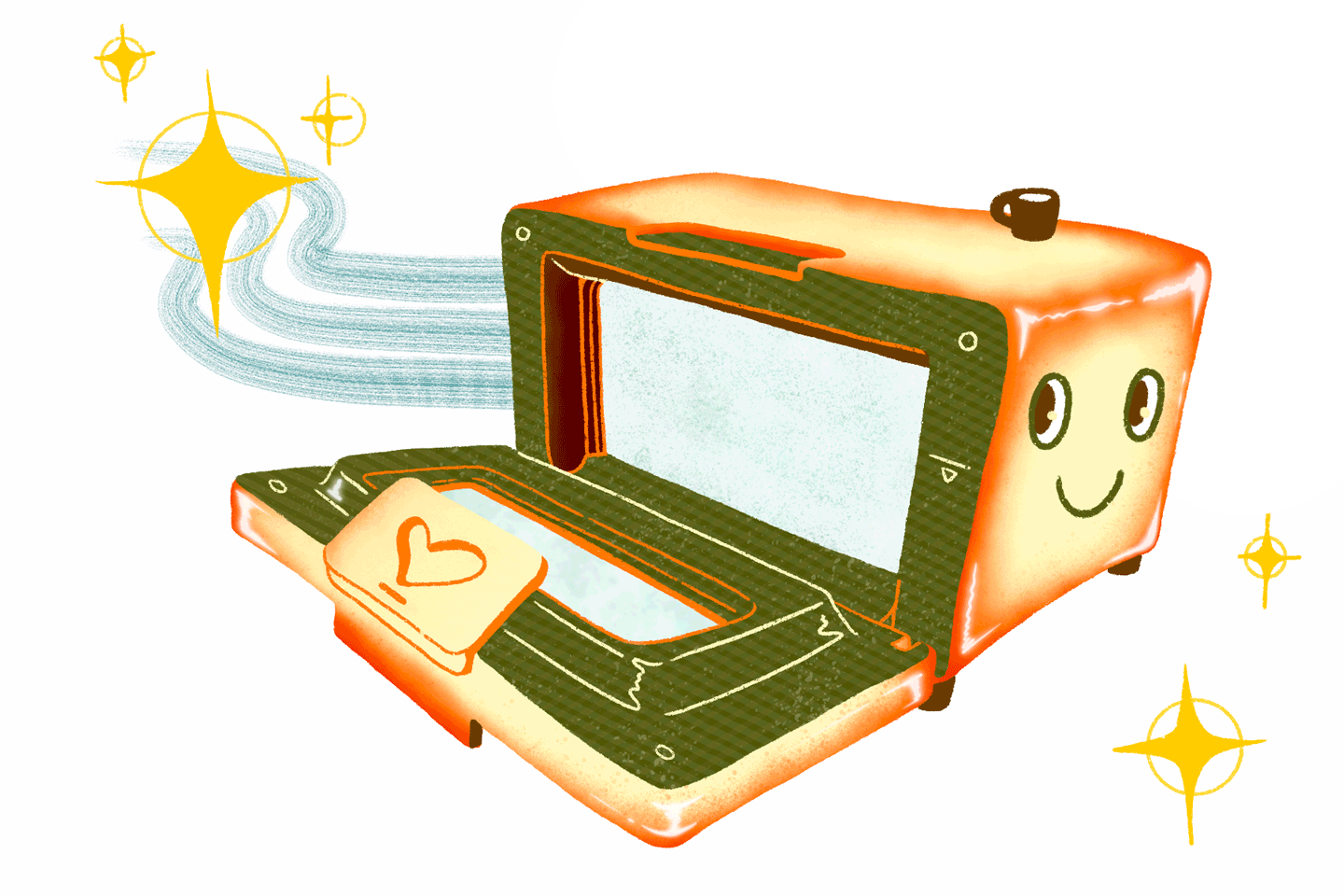 Illustration of avocado toast sliding out of a smiling toaster oven.