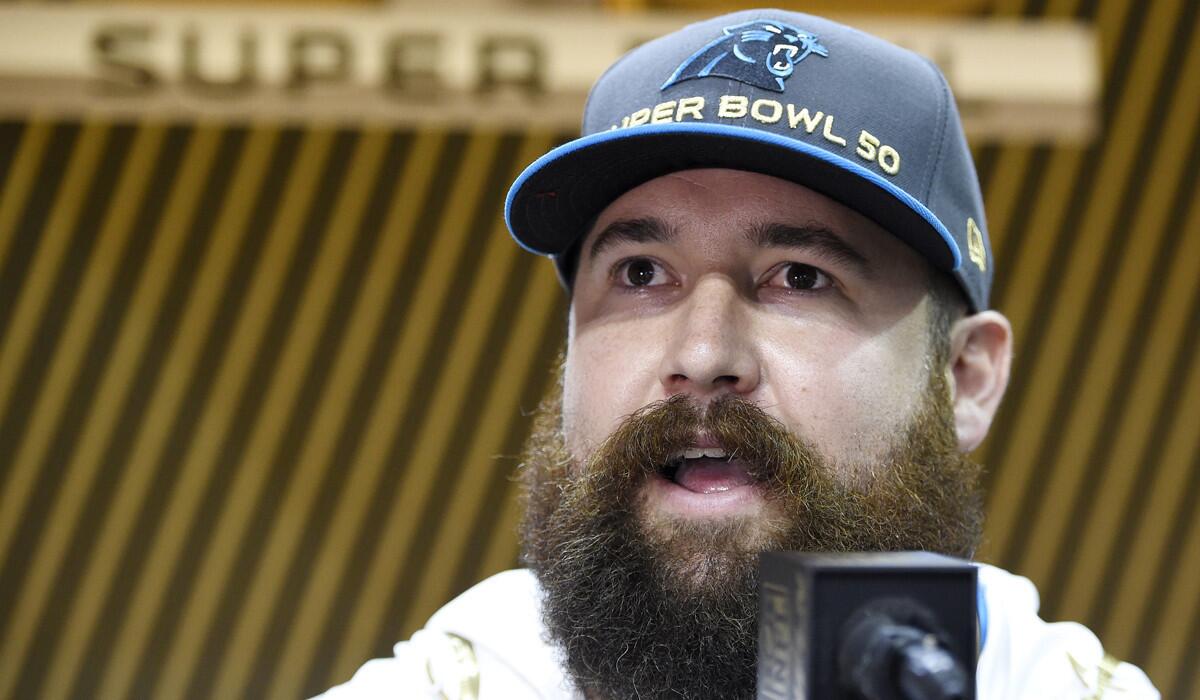 Carolina Panthers' Ryan Kalil speaks during Super Bowl 50 Opening Night's session on Monday.