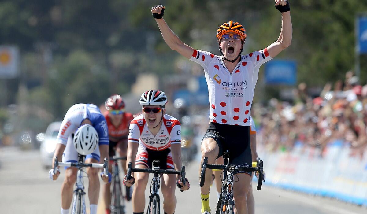 Will Routley celebrates after winning the sprint to the finish for the Tour of California's fourth state on Wednesday in Cambria, Calif.