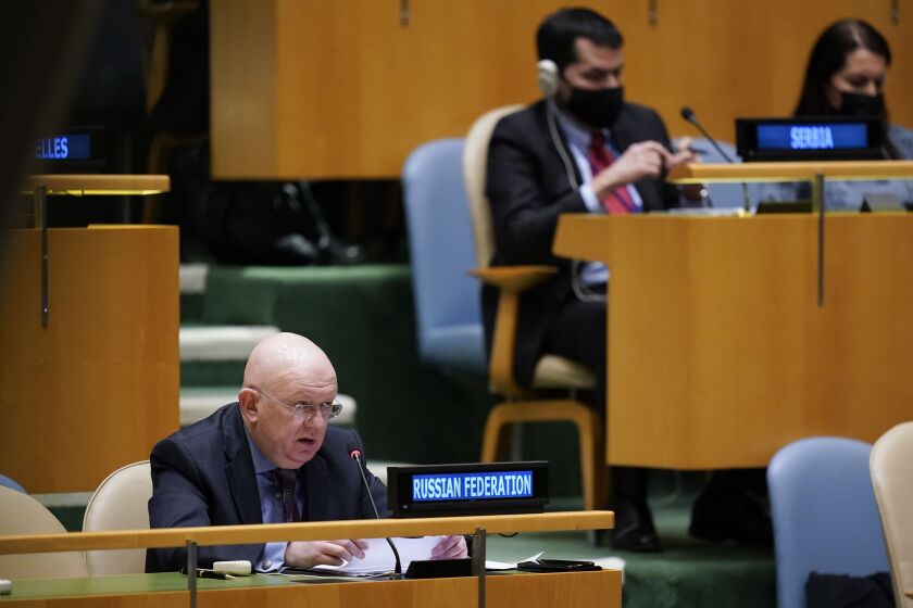 Russian Ambassador to the United Nations Vasily Nebenzya speaks during an emergency meeting of the General Assembly at United Nations headquarters, Wednesday, March 2, 2022. (AP Photo/Seth Wenig)