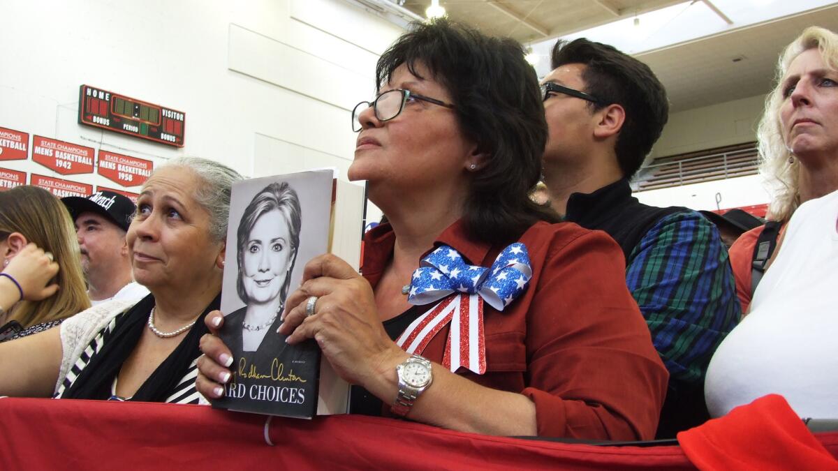 A Hillary Clinton admirer in the front row of a Clinton campaign rally at Long Beach Community College.