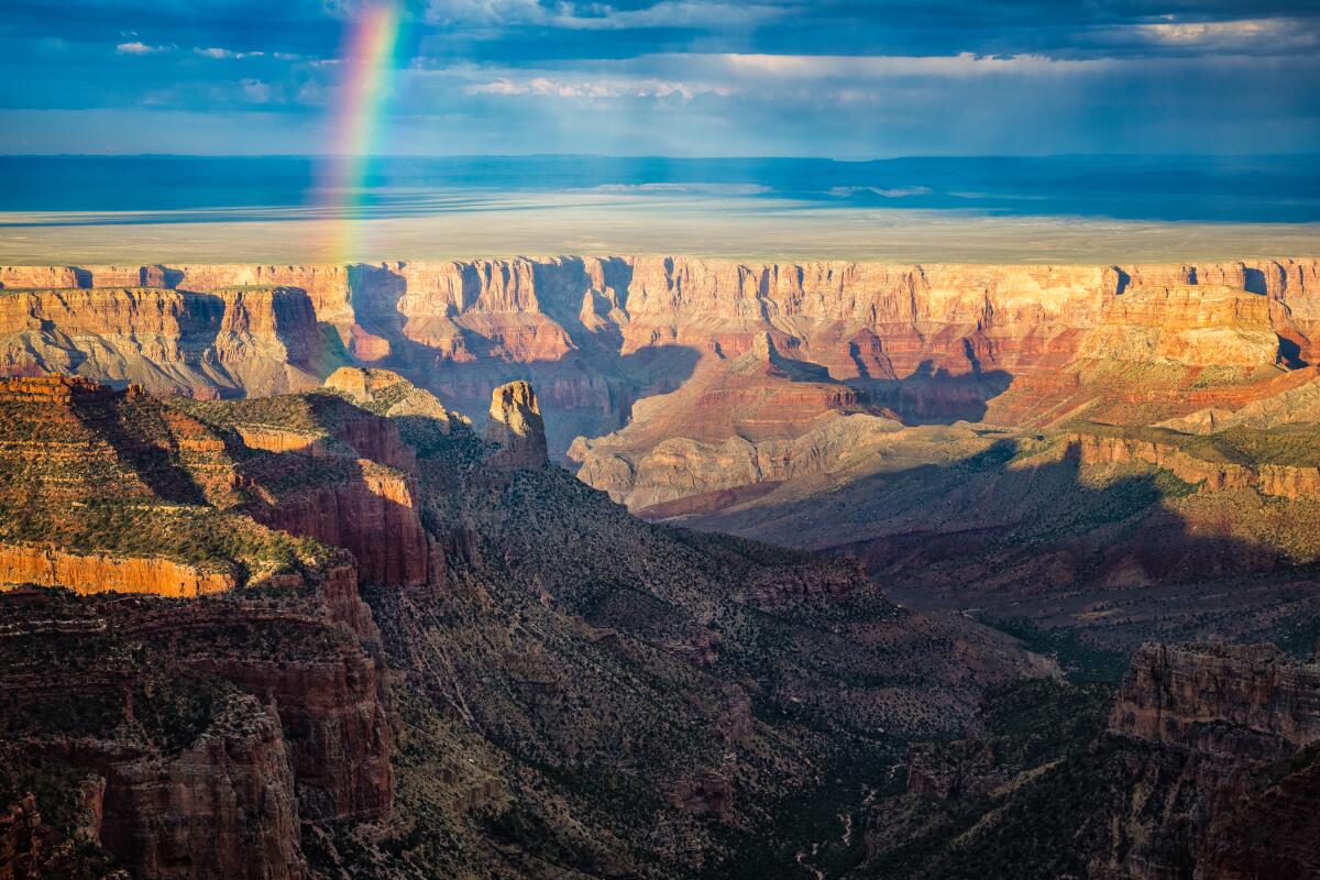 A rainbow over the Grand Canyon, as seen from Roosevelt Point on the North Rim.