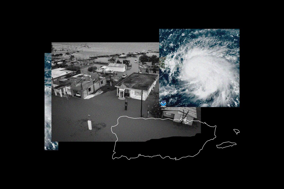 Flooded homes on Salinas Beach, satellite image of Fiona, outline of Puerto Rico
