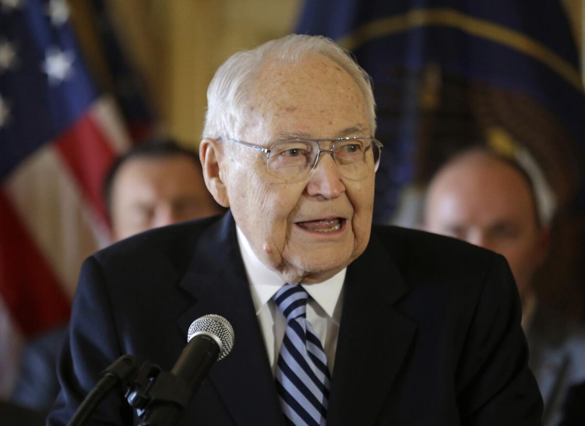 L. Tom Perry, seen in March, was one of the highest-ranking leaders of the Mormon faith. He died Saturday surrounded by his family at his Salt Lake City home.