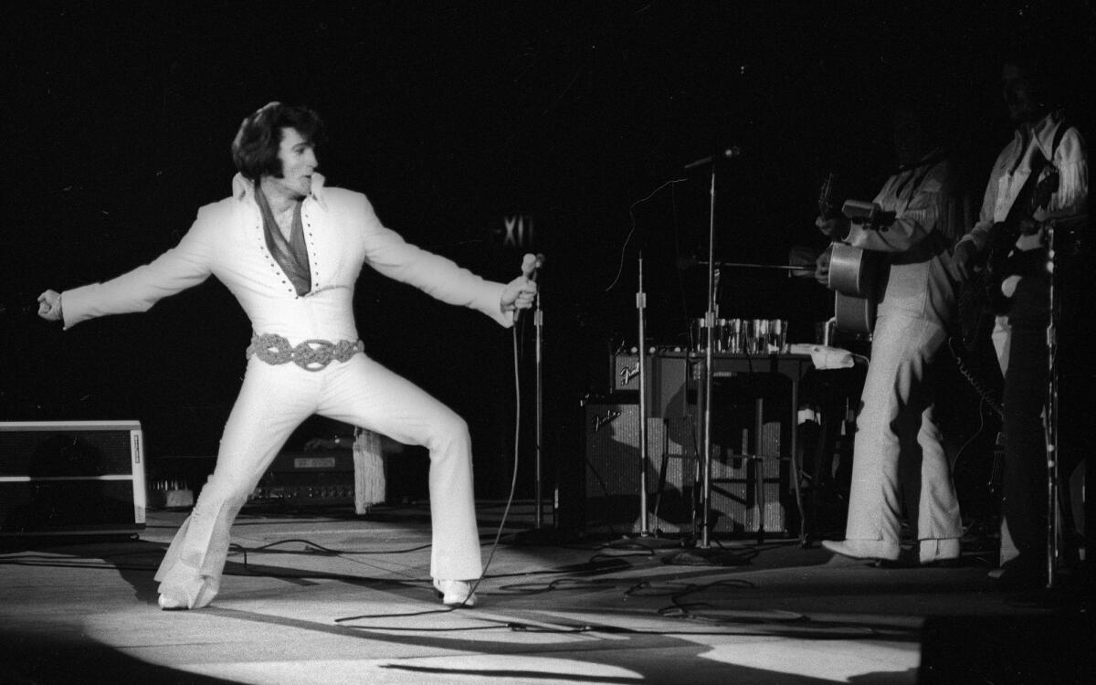 Elvis Presley in concert at the Forum in Inglewood in 1970.