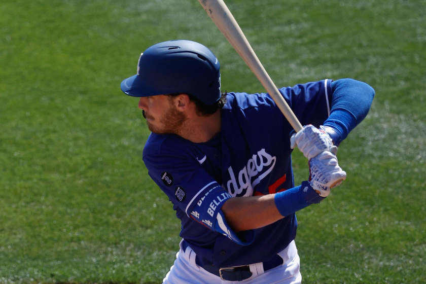 GLENDALE, ARIZONA - MARCH 16: Cody Bellinger #35 of the Los Angeles Dodgers bats against the Milwaukee Brewers.