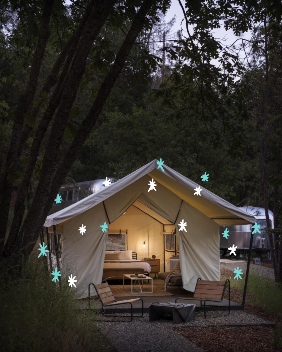 A photo of a safari tent with electricity at AutoCamp at Yosemite.