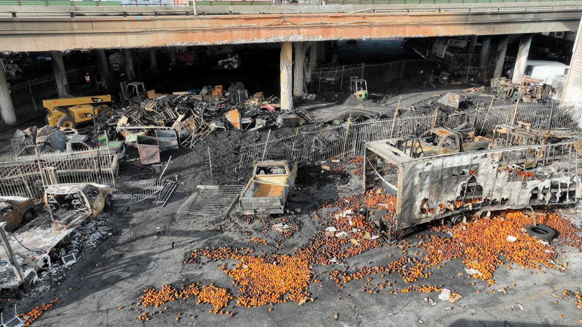The 10 Freeway days after a large pallet fire burned below.