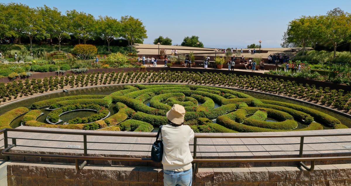 A visitor looks out to a maze of hedges, part of Robert Irwin's epic "Central Garden" at the Getty Center in Los Angeles.