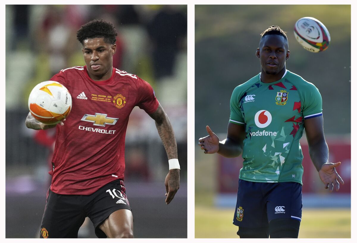 FILE - This combo of file photos shows at left, Manchester United's Marcus Rashford during the Europa League final soccer match between Manchester United and Villarreal in Gdansk, Poland, Wednesday, May 26, 2021 and at right, British and Irish Lions' lock Maro Itoje in a training session in Sandton, South Africa, Monday, July 5, 2021. Britain's education secretary said Wednesday Sept. 8, 2021, that he had made a “genuine mistake” by mixing up two Black sportsmen known for their efforts to demand more government help for poor children. (Michael Sohn, Pool/Christiaan Kotze, Pool, File)