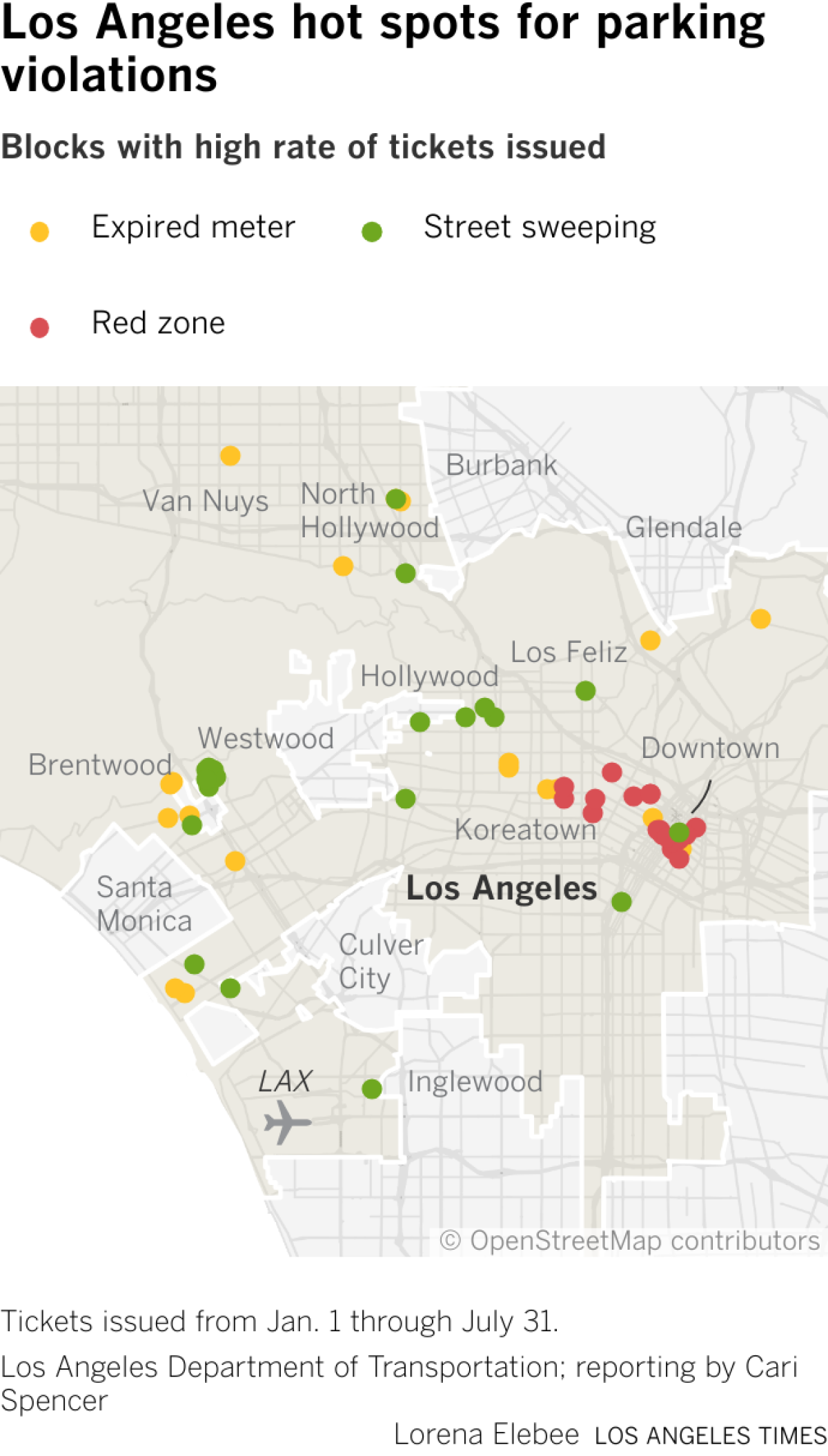 A map showing where the most parking tickets were issued within the city of Los Angeles.