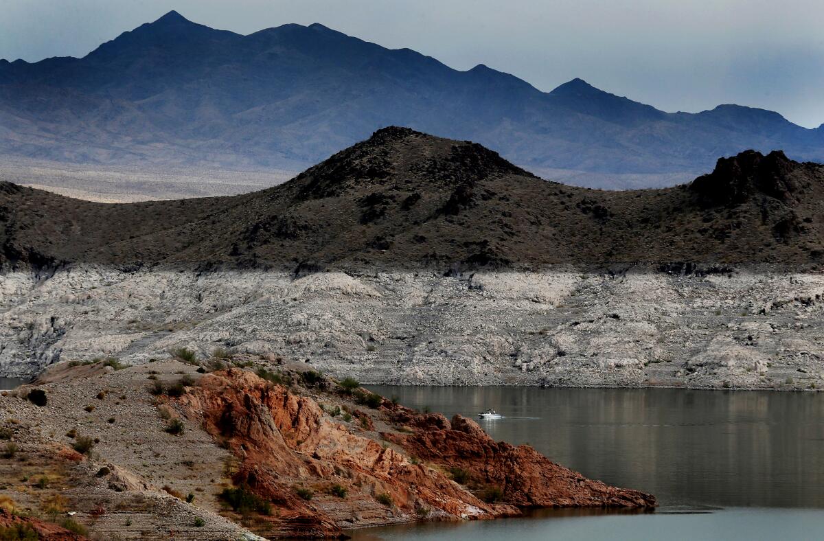 A boat navigates Lake Mead, where a white "bathtub ring" can be seen along the shore.