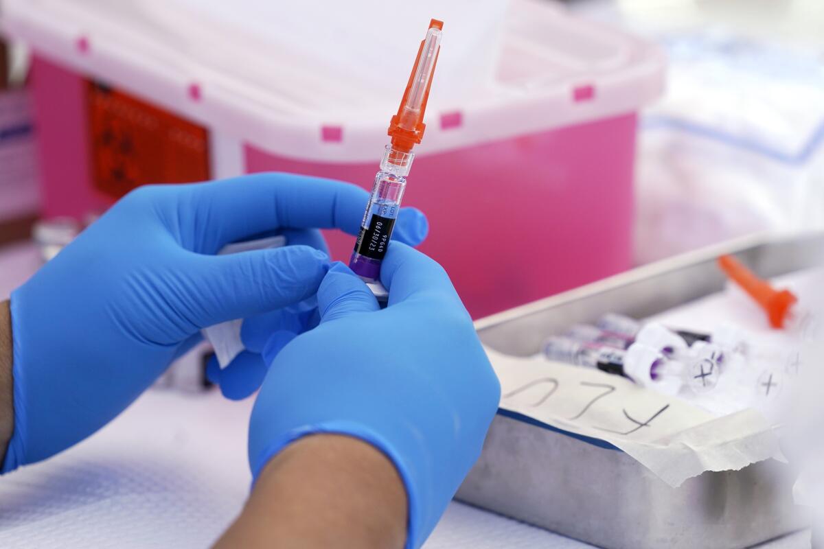  A pair of gloved hands holds a vaccine syringe 